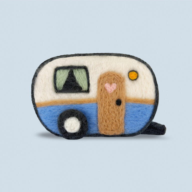 Finished Happy Camper needle felting project from Feltie Kits beginner tutorial