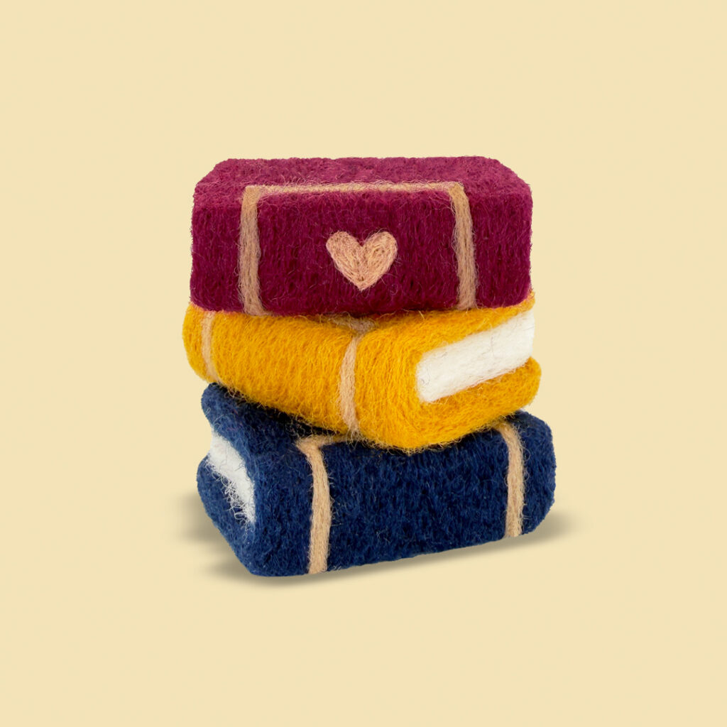 Finished Storybook Stack needle felting project from Feltie Kits beginner tutorial